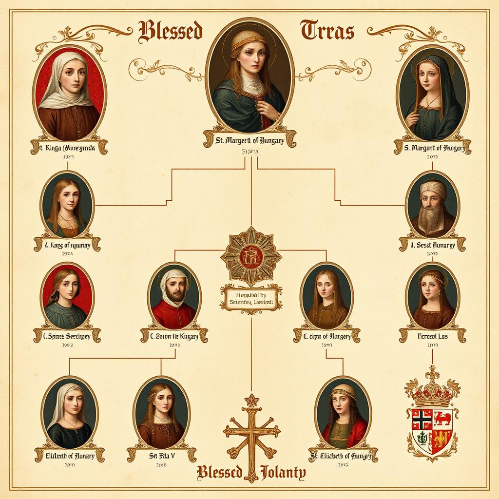 Drzewo genealogiczne ukazujące powiązania rodzinne Świętej Jolanty z innymi świętymi z dynastii Arpadów Drzewo genealogiczne ukazujące powiązania rodzinne Świętej Jolanty z innymi świętymi z dynastii Arpadów