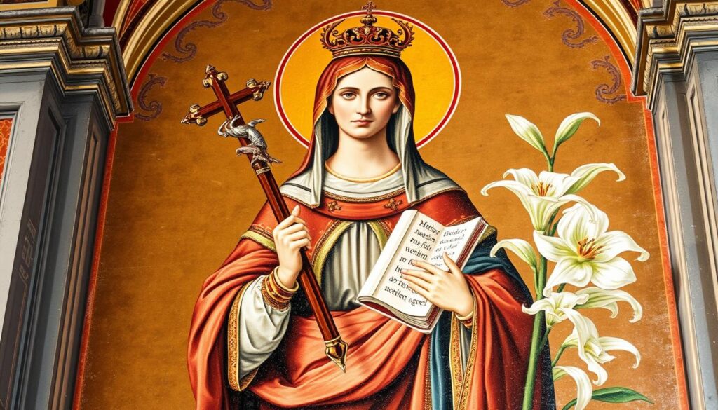 Fresk przedstawiający Świętą Patrycję z jej atrybutami w kościele w Neapolu