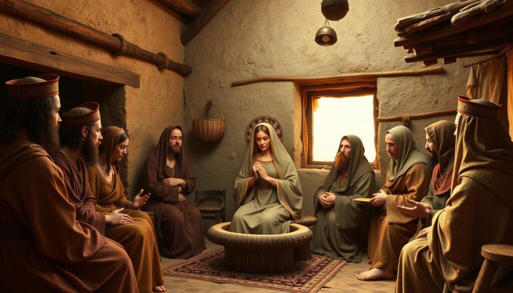 Historyczna scena przedstawiająca życie Świętej Mai w pierwszych wiekach chrześcijaństwa