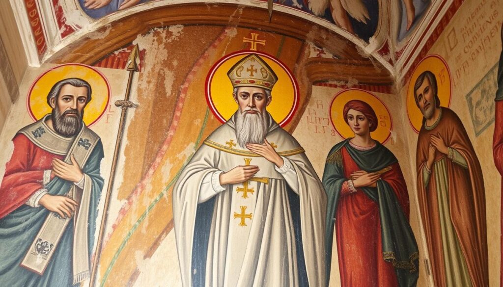 Historyczne freski przedstawiające świętego Lucyfera w jednym z kościołów na Sardynii Historyczne freski przedstawiające świętego Lucyfera w jednym z kościołów na Sardynii