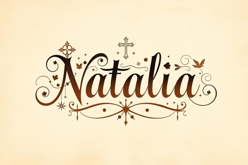 Kaligrafia imienia Natalia z religijnymi symbolami