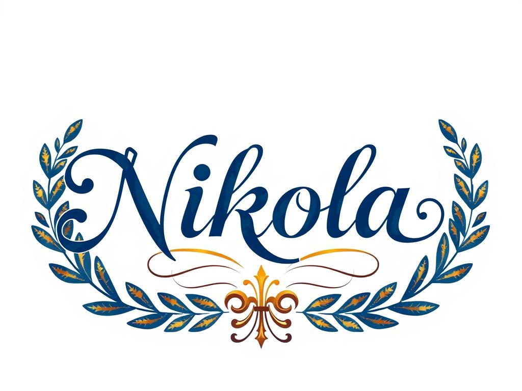Kaligrafia imienia Nikola z elementami symbolizującymi zwycięstwo i siłę