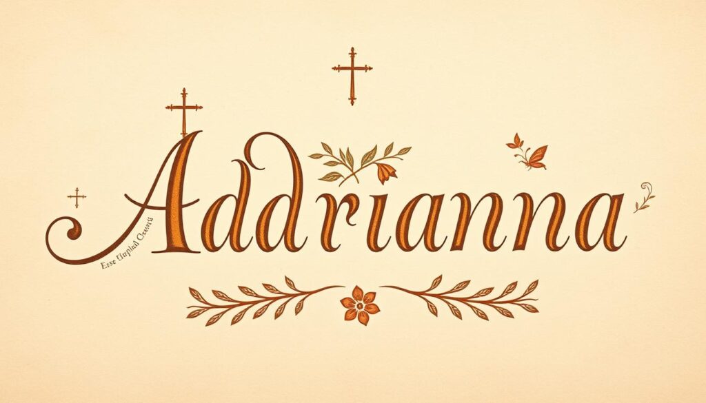 Kaligraficzne przedstawienie imienia Adrianna z symbolami chrześcijańskimi