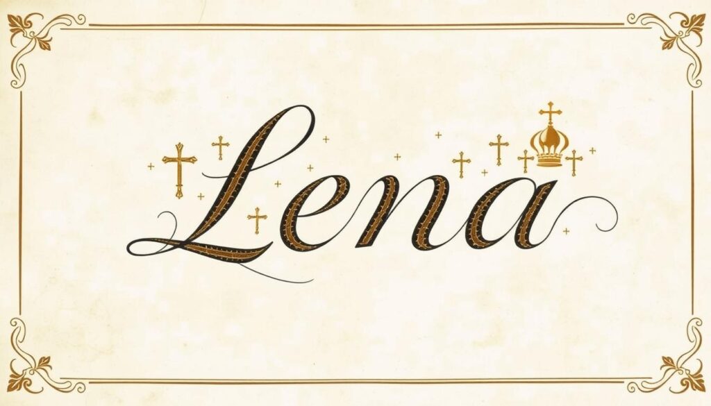 Kaligraficzne przedstawienie imienia Lena z symbolami nawiązującymi do świętej patronki