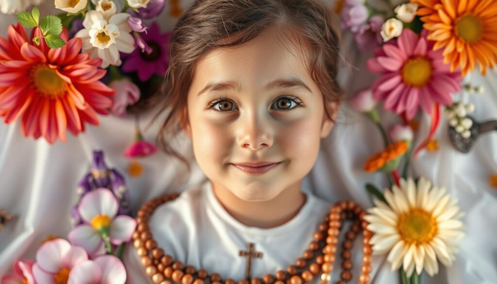 Młoda dziewczyna o imieniu Maja w otoczeniu symboli związanych ze Świętą Mają