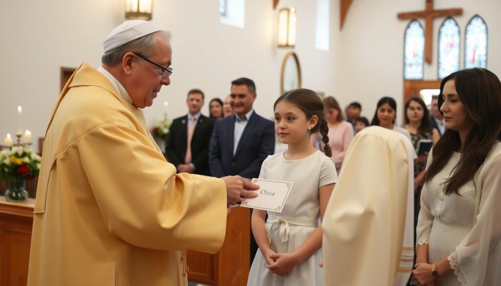 Młoda dziewczyna podczas ceremonii bierzmowania z imieniem Oliwia Młoda dziewczyna podczas ceremonii bierzmowania z imieniem Oliwia