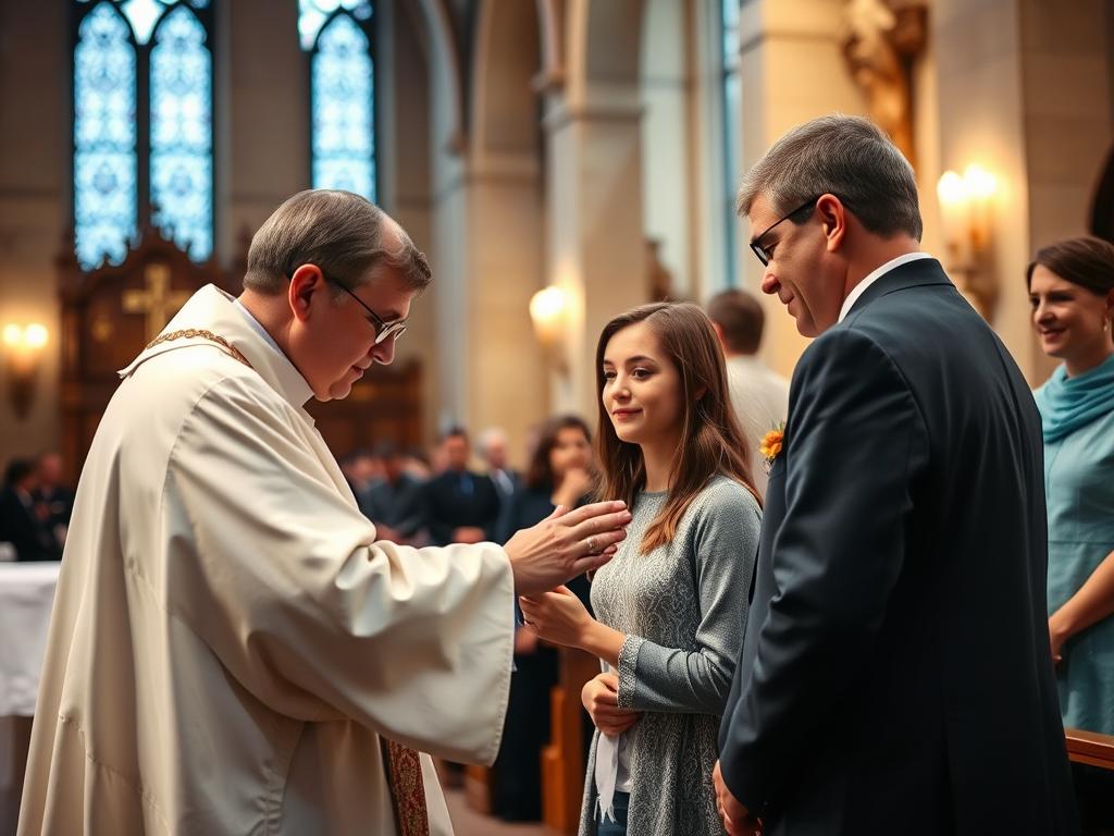 Młoda osoba przyjmująca sakrament bierzmowania z imieniem Aurelia