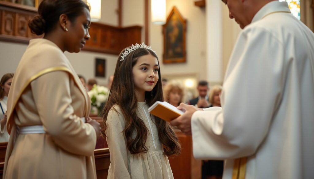 Młoda osoba przyjmująca sakrament bierzmowania z imieniem Maja