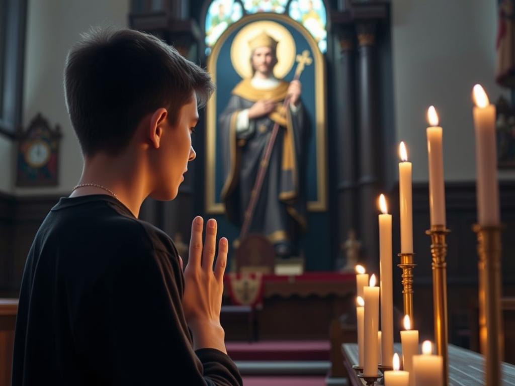Młody człowiek modlący się przed wizerunkiem świętego Adolfa, symbolizujący duchową więź z patronem