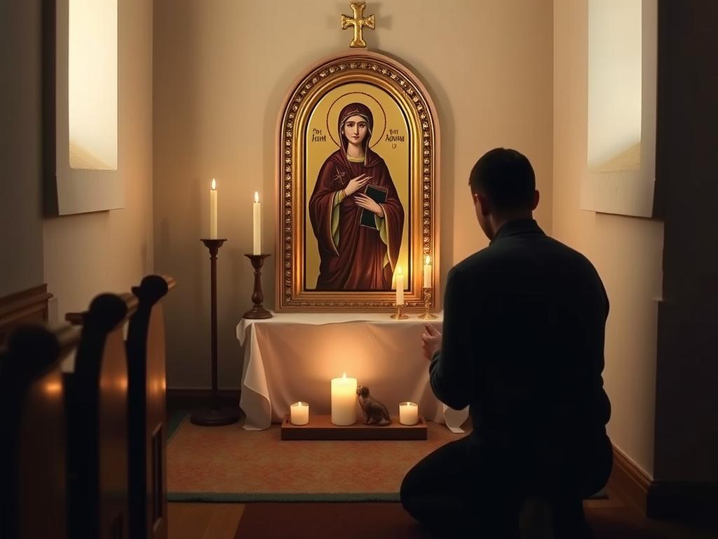 Osoba modląca się przed wizerunkiem Świętej Adrianny w kościele
