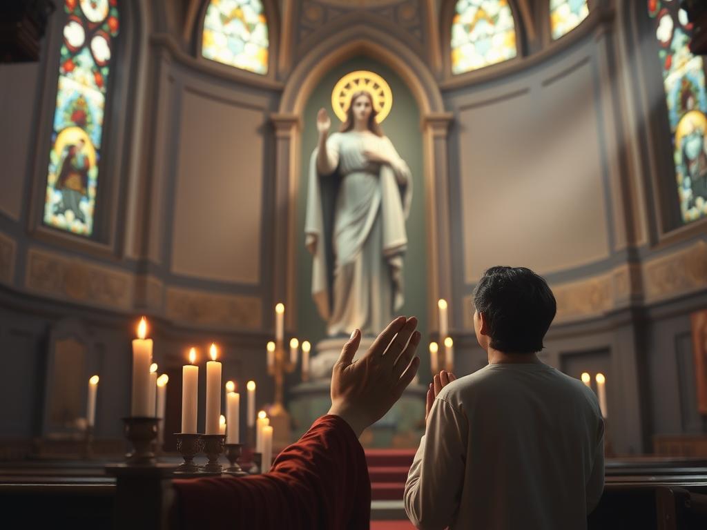 Osoba modląca się przed wizerunkiem Świętej Diany w kościele Osoba modląca się przed wizerunkiem Świętej Diany w kościele
