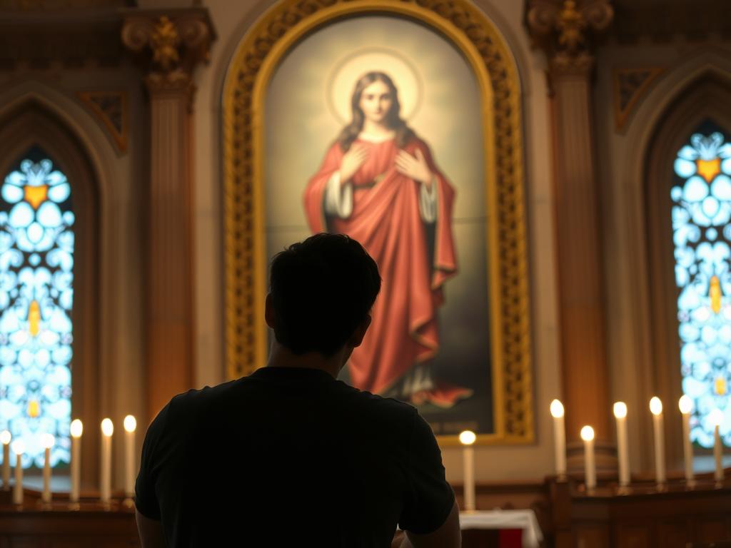 Osoba modląca się przed wizerunkiem świętej Weroniki