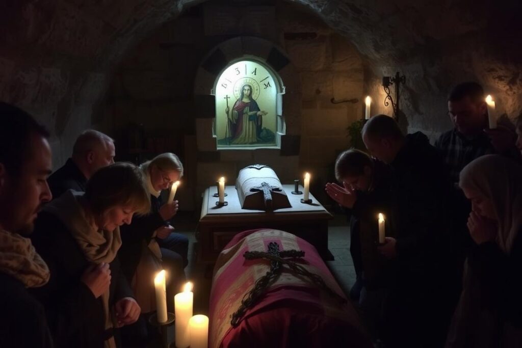 Pielgrzymi modlący się przy grobie świętej Niny w monastyrze w Bodbe, Gruzja