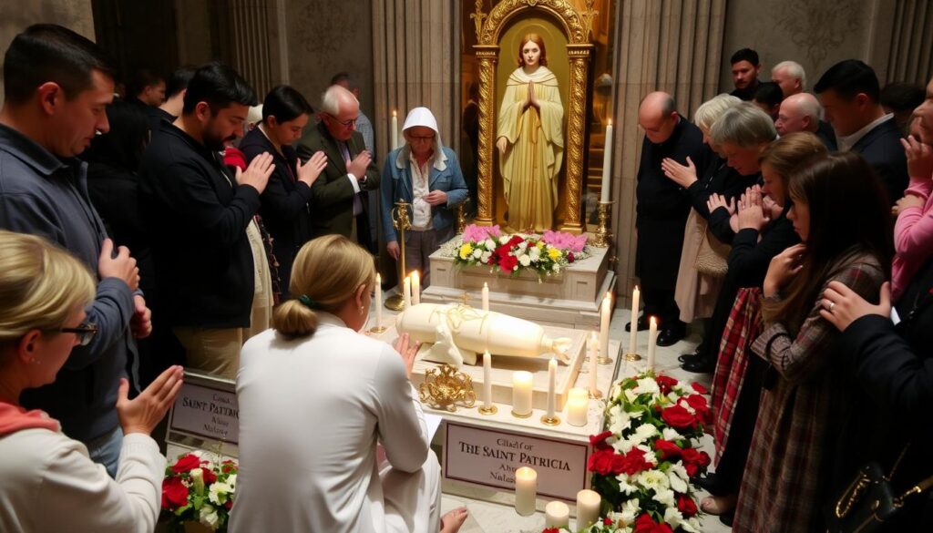 Pielgrzymi modlący się przy relikwiach Świętej Patrycji w Neapolu - święta patrycja jako patronka pielgrzymów