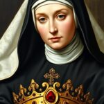 Portret Błogosławionej Jolanty w habicie klaryski z królewską koroną u stóp