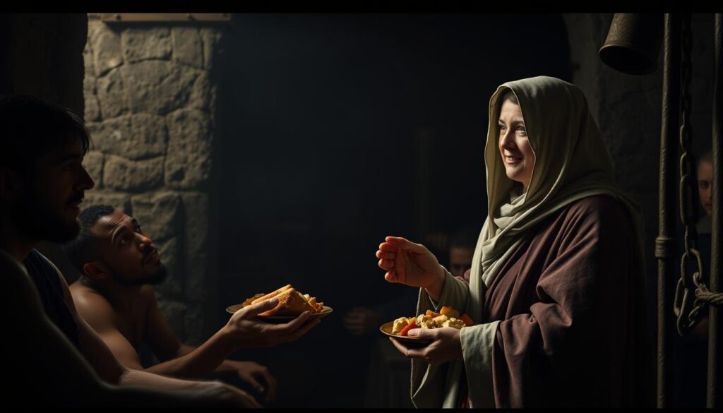 Scena przedstawiająca święta Natalię wspierającą uwięzionych chrześcijan