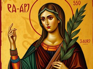 Święta Adrianna przedstawiona na historycznej ikonie z atrybutami męczeństwa