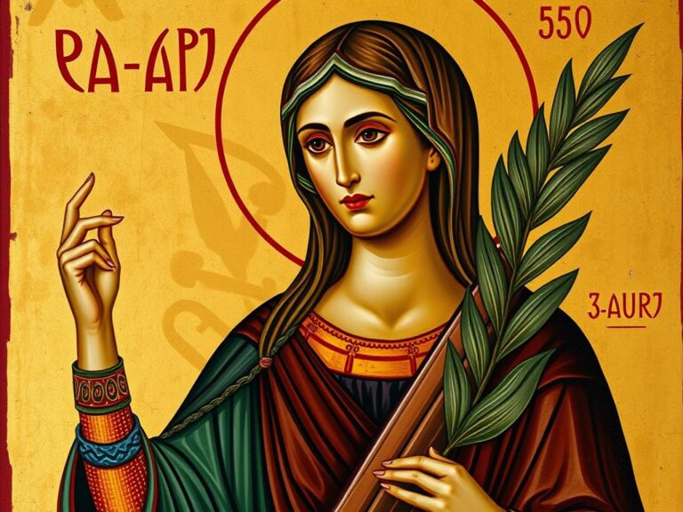 Święta Adrianna przedstawiona na historycznej ikonie z atrybutami męczeństwa