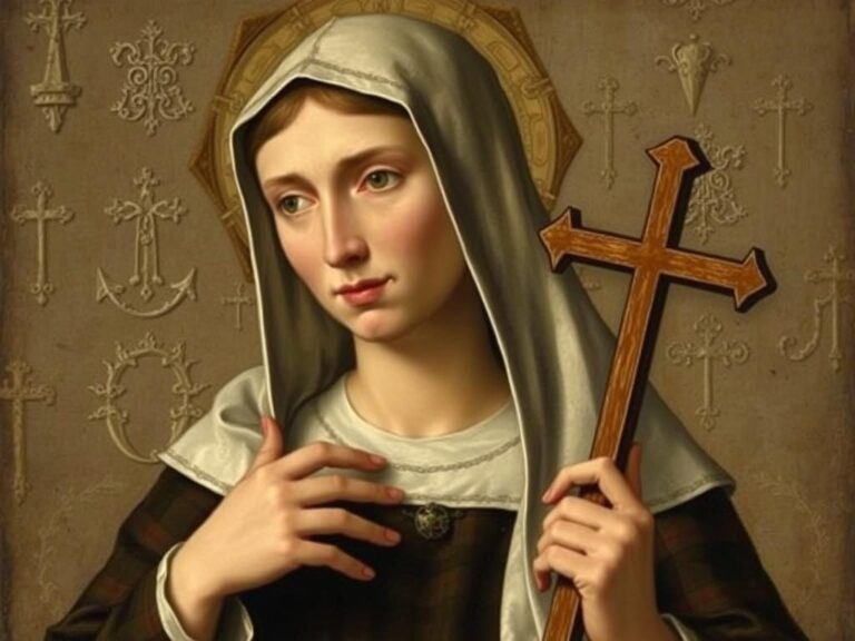 Święta Alicja z Schaerbeek w habicie cysterskim, przedstawiona z atrybutami: hostią i krzyżem
