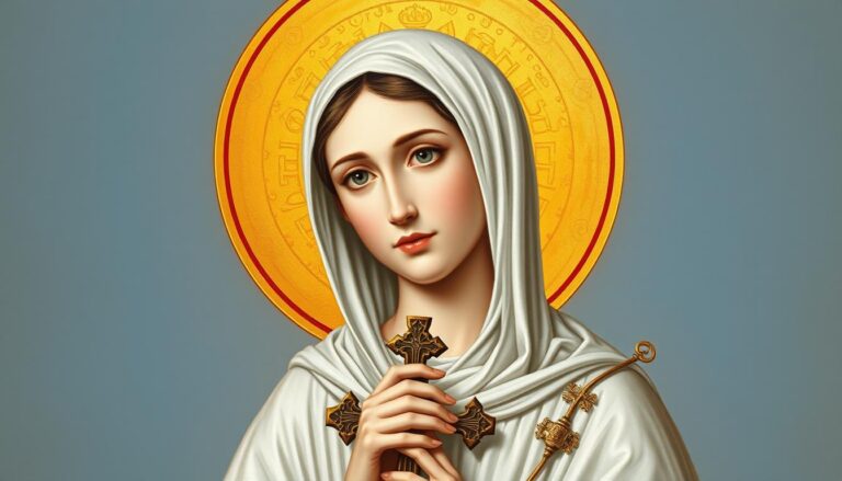 Święta Aurelia przedstawiona jako młoda kobieta w białej szacie z krzyżem w dłoni