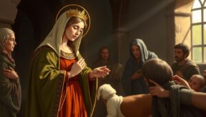 Święta Aurora pomagająca ubogim - średniowieczna ilustracja