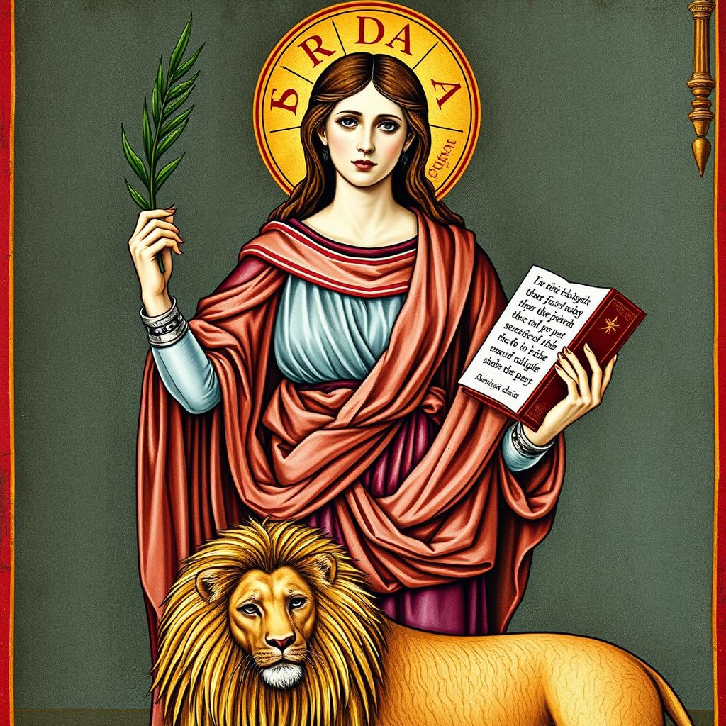 Święta Daria z jej atrybutami - palmą męczeństwa, księgą i lwem Święta Daria z jej atrybutami - palmą męczeństwa, księgą i lwem