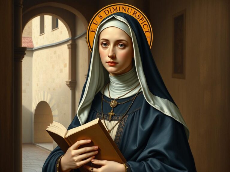 Święta Diana d'Andalo w stroju zakonnym dominikanek, trzymająca księgę i różaniec - symboliczne przedstawienie