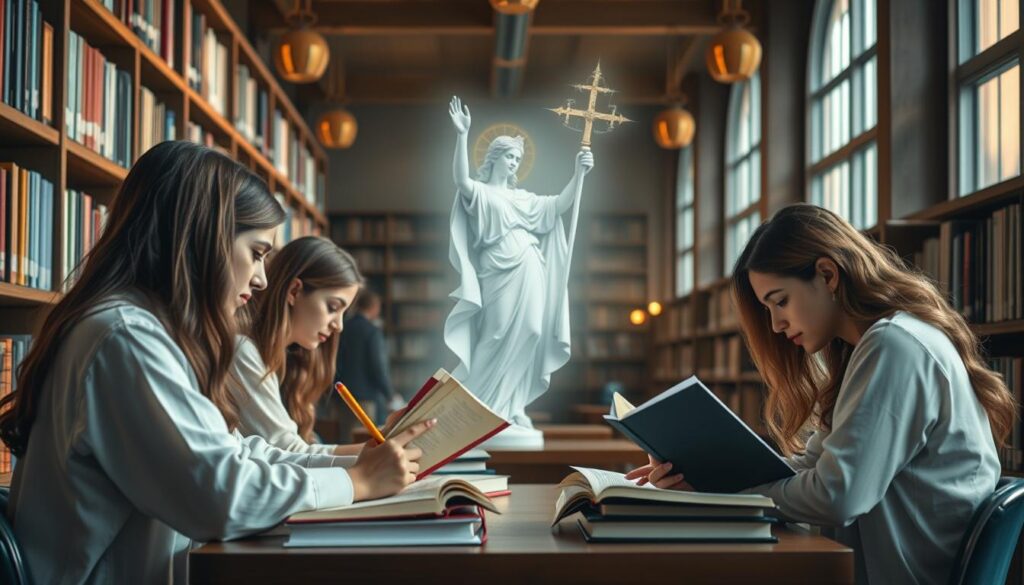 Święta Diana jako patronka studentek - młode kobiety studiujące w bibliotece pod symboliczną opieką świętej Święta Diana jako patronka studentek - młode kobiety studiujące w bibliotece pod symboliczną opieką świętej
