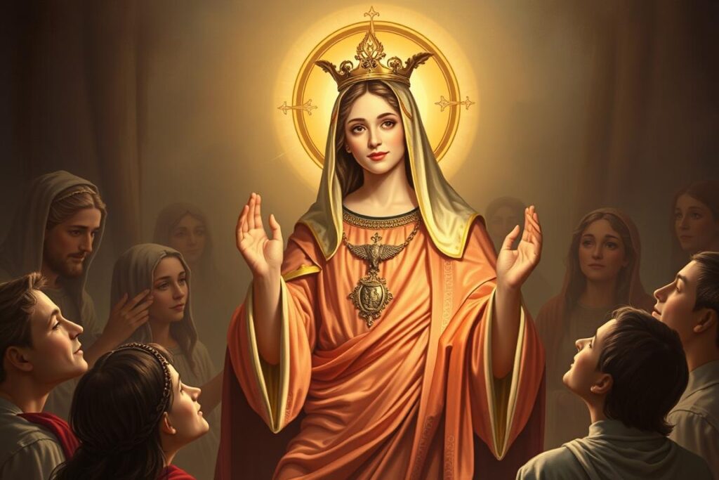 Święta Klaudia jako patronka, otoczona symbolami jej opieki i wstawiennictwa Święta Klaudia jako patronka, otoczona symbolami jej opieki i wstawiennictwa