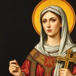 Święta Lena (Helena) przedstawiona w tradycyjnej ikonografii chrześcijańskiej z krzyżem i w królewskich szatach