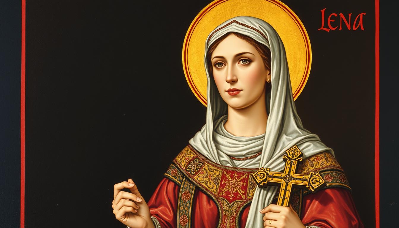 Święta Lena (Helena) przedstawiona w tradycyjnej ikonografii chrześcijańskiej z krzyżem i w królewskich szatach