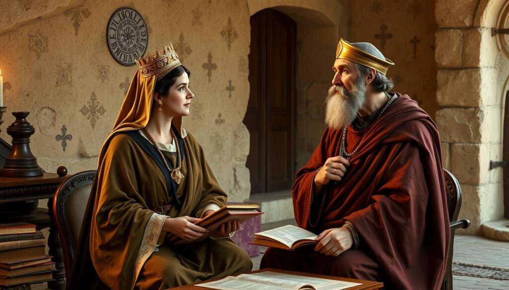 Święta Marcelina i św. Ambroży podczas rozmowy duchowej, ilustracja historyczna Święta Marcelina i św. Ambroży podczas rozmowy duchowej, ilustracja historyczna