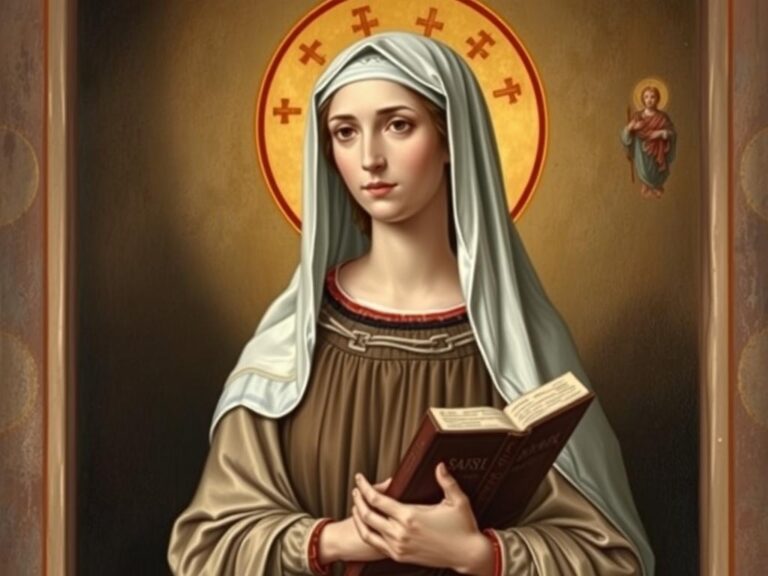 Święta Marcelina w tradycyjnym przedstawieniu ikonograficznym z atrybutami dziewicy konsekrowanej