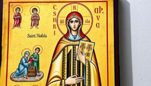 Święta Nikola przedstawiona na średniowiecznej ikonie z symbolami jej patronatu