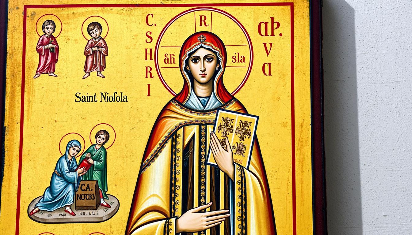 Święta Nikola przedstawiona na średniowiecznej ikonie z symbolami jej patronatu