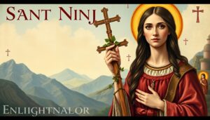 Święta Nina trzymająca krzyż z gałązek winorośli - tradycyjne przedstawienie świętej Niny jako apostołki Gruzji