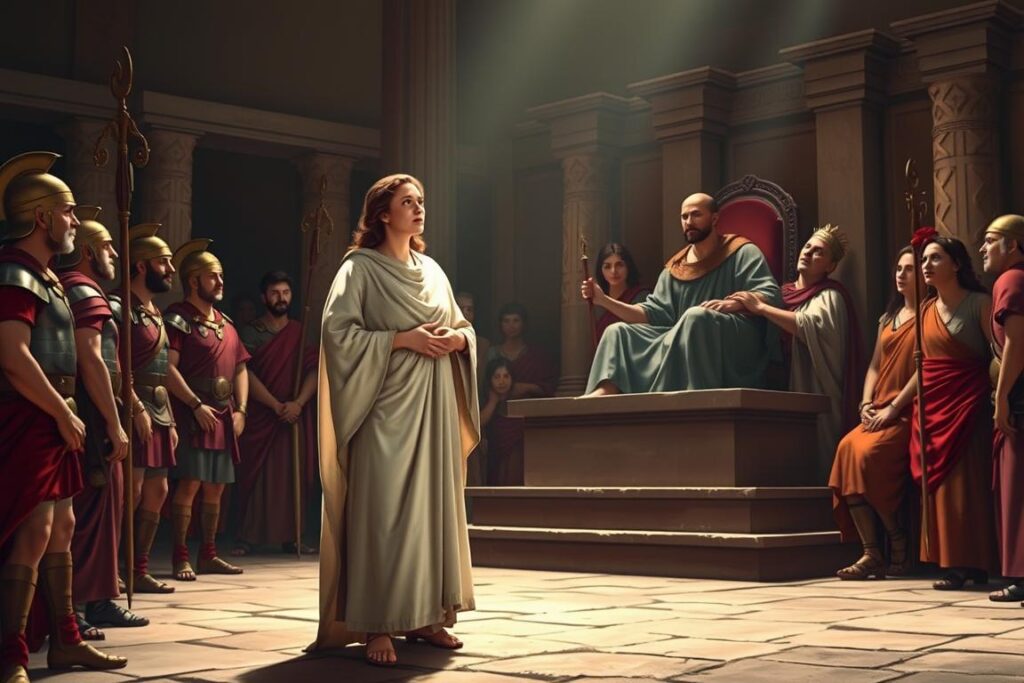 Święta Wiktoria podczas przesłuchania przed rzymskim sędzią