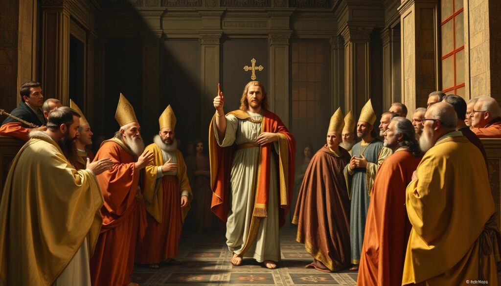 Święty Lucyfer podczas synodu w Mediolanie sprzeciwia się cesarzowi Konstancjuszowi II Święty Lucyfer podczas synodu w Mediolanie sprzeciwia się cesarzowi Konstancjuszowi II