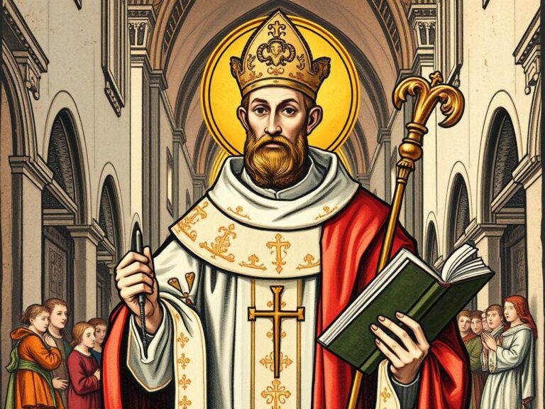 Święty Lucyfer z Cagliari przedstawiony jako biskup z pastorałem i księgą