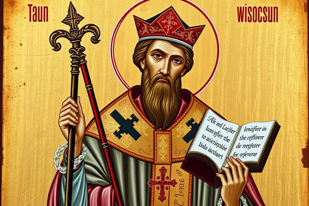 Święty Lucyfer z typowymi atrybutami biskupimi - pastorałem i księgą Święty Lucyfer z typowymi atrybutami biskupimi - pastorałem i księgą