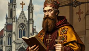 Święty Monitor jako biskup Orleanu w tradycyjnych szatach liturgicznych