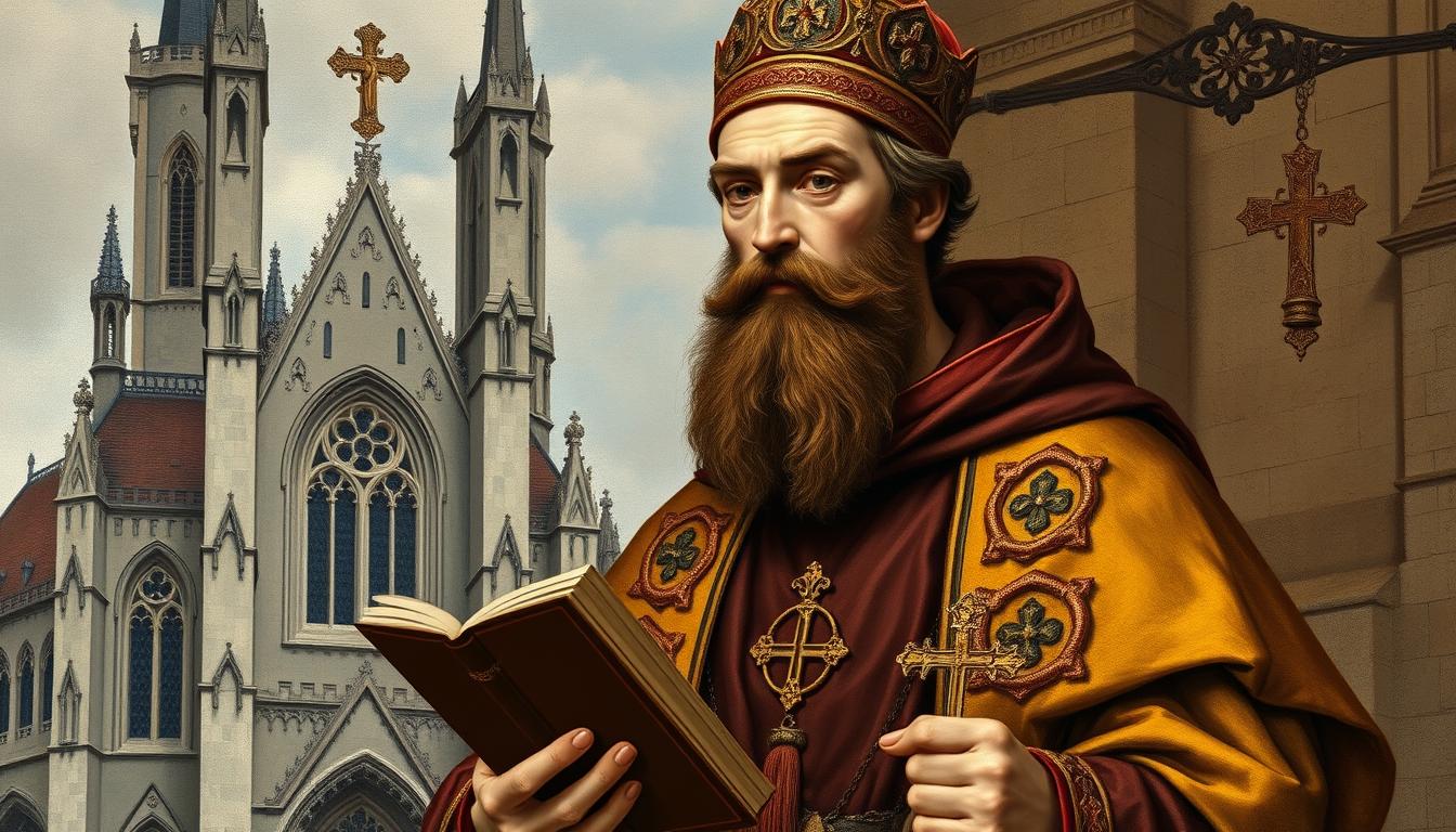 Święty Monitor jako biskup Orleanu w tradycyjnych szatach liturgicznych