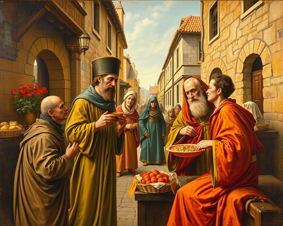 Święty Monitor pomagający potrzebującym, ukazujący jego miłosierdzie Święty Monitor pomagający potrzebującym, ukazujący jego miłosierdzie