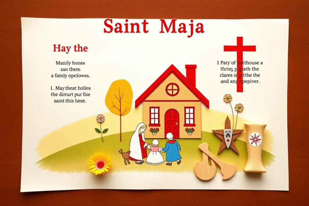 Symboliczne przedstawienie obszarów patronatu Świętej Mai - dom rodzinny, dzieci, modlitwa