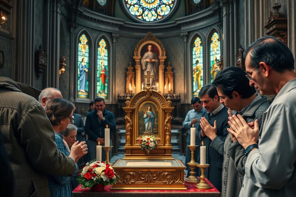 Wierni modlący się przed relikwiami Świętej Oliwii Wierni modlący się przed relikwiami Świętej Oliwii