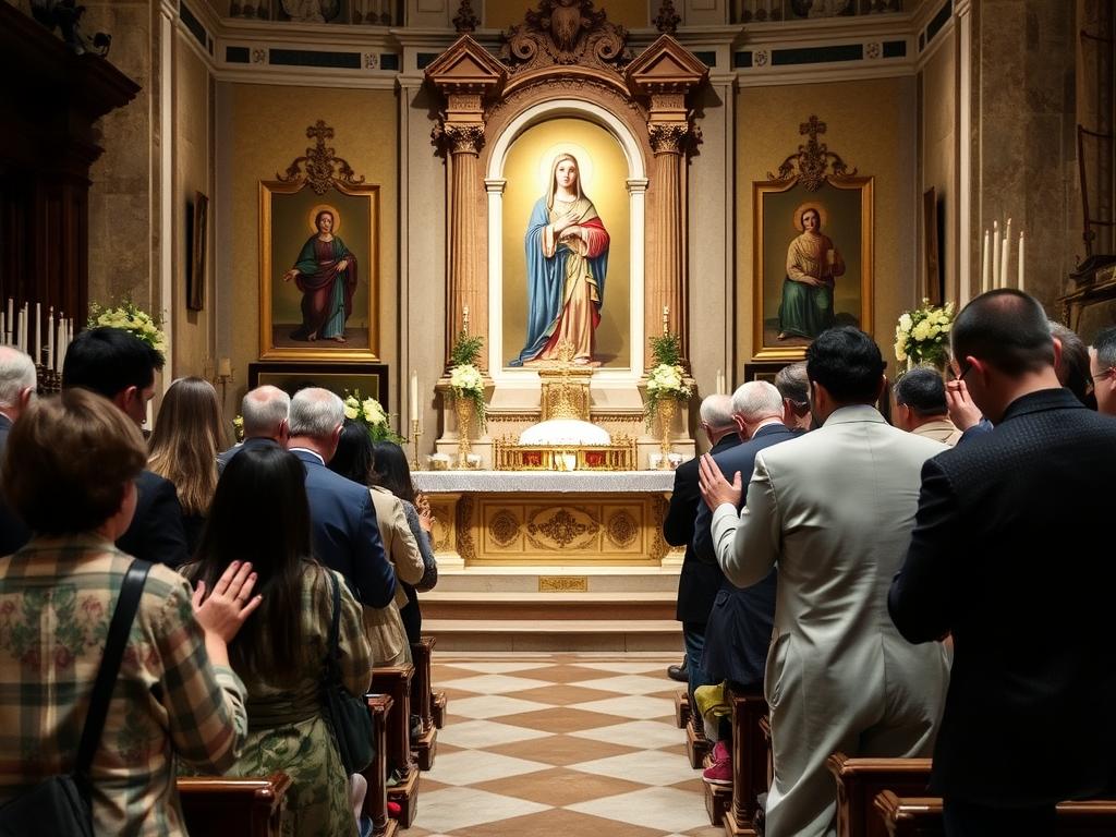 Wierni modlący się przed relikwiami świętej Zuzanny w jej kościele w Rzymie Wierni modlący się przed relikwiami świętej Zuzanny w jej kościele w Rzymie