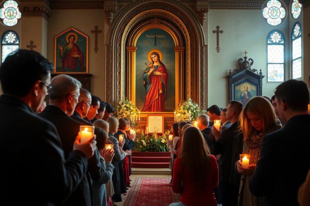 Wierni modlący się przed wizerunkiem świętej Natalii