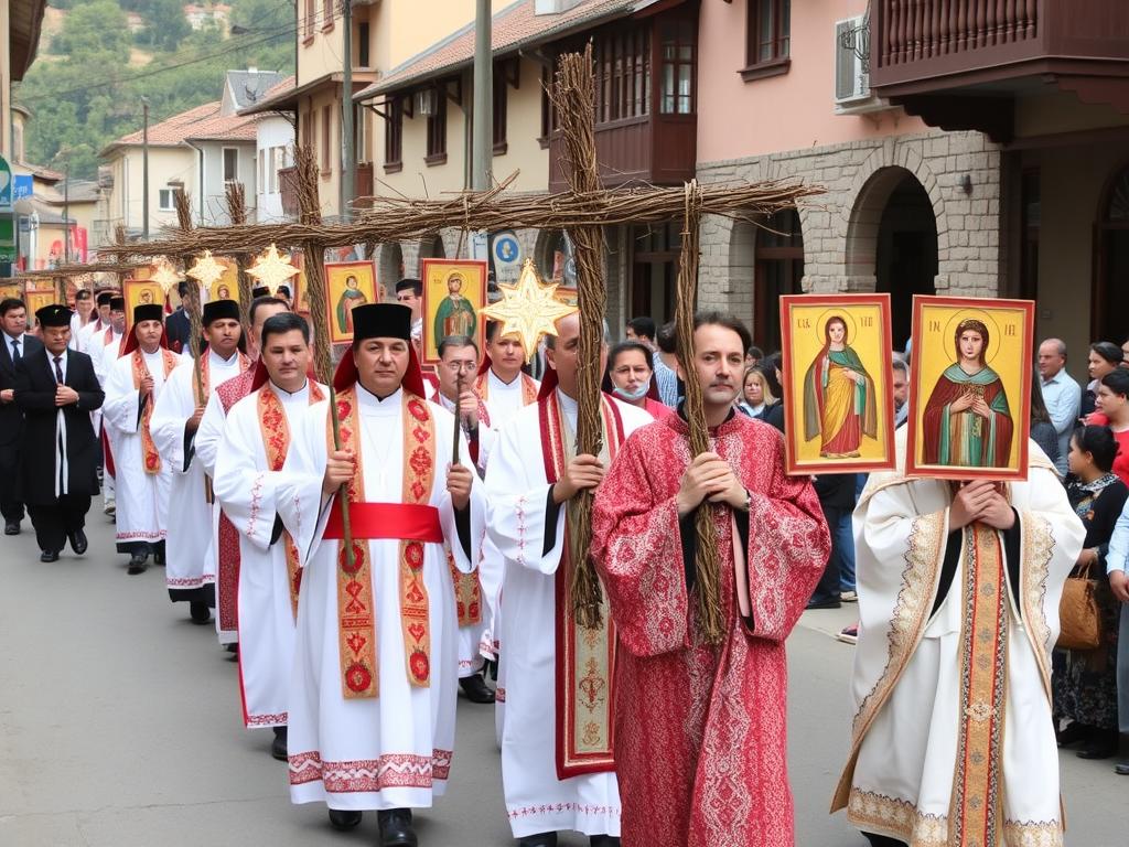 Współczesne obchody święta świętej Niny w Gruzji - procesja religijna z krzyżem z winorośli
