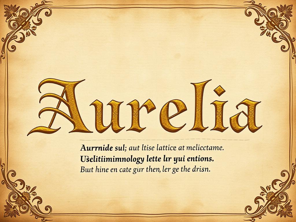 Złoty napis 'Aurelia' na pergaminie symbolizujący pochodzenie imienia świętej Aurelii