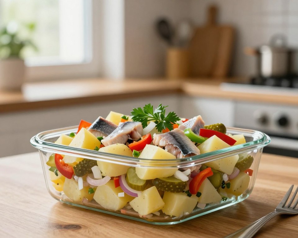 A beautifully arranged Polish herring salad with potatoes and colorful vegetables in a glass container, emphasizing the ingredients' freshness and vibrant colors. In the foreground, the salad is neatly layered, showcasing diced potatoes, pickles, onions, and herring fillets, with bright red and green accents from peppers and herbs. The middle ground features a stylish kitchen setting with wooden countertops and soft-focus kitchen utensils, conveying a cozy atmosphere. In the background, a gently lit window allowing soft, natural light to illuminate the scene, enhancing the freshness of the ingredients. The overall mood should feel warm and inviting, ideal for a family meal preparation setting. The image must not contain any text or branding elements.